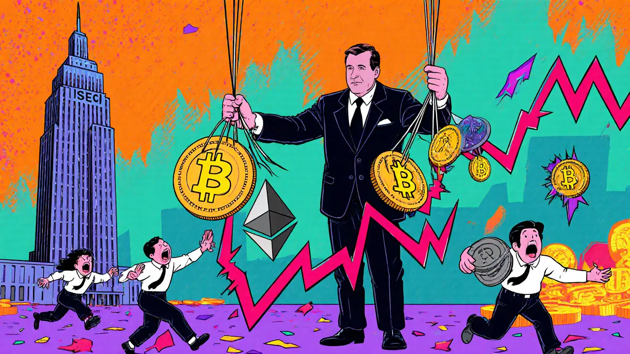 La SEC manipule les cryptomonnaies comme des marionnettes, avec des graphiques en zigzag et des investisseurs en fuite.