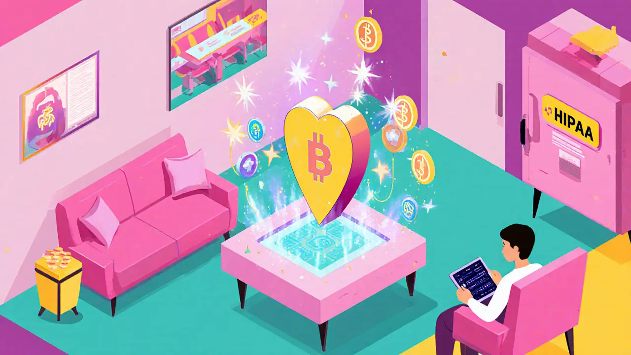 Médecin validant une mise à jour d&#039;IA dans un hôpital, les données patients protégées dans un coffre en forme de cœur.