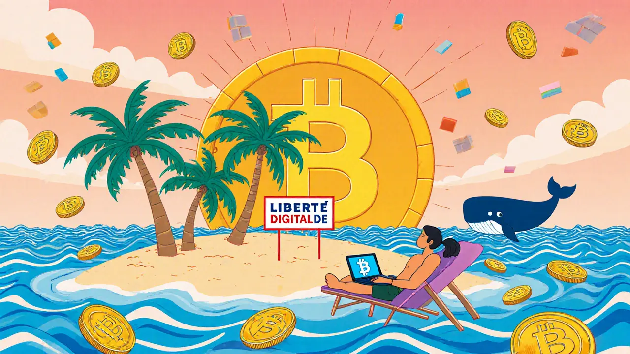 Paysage paisible du Portugal avec une pièce crypto en soleil, sans surveillance ni impôt.