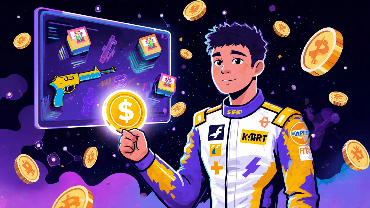 Personnage Pikalong tenant un jeton $KART devant un marché NFT stylisé.