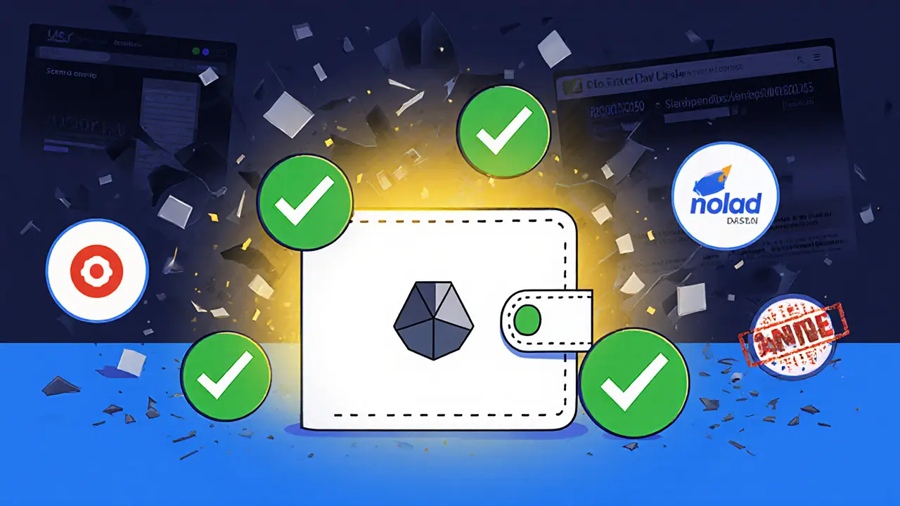 Portefeuille sécurisé entouré de logos d&#039;airdrops légitimes en 2025, tandis que des sites escrocs disparaissent en poussière.