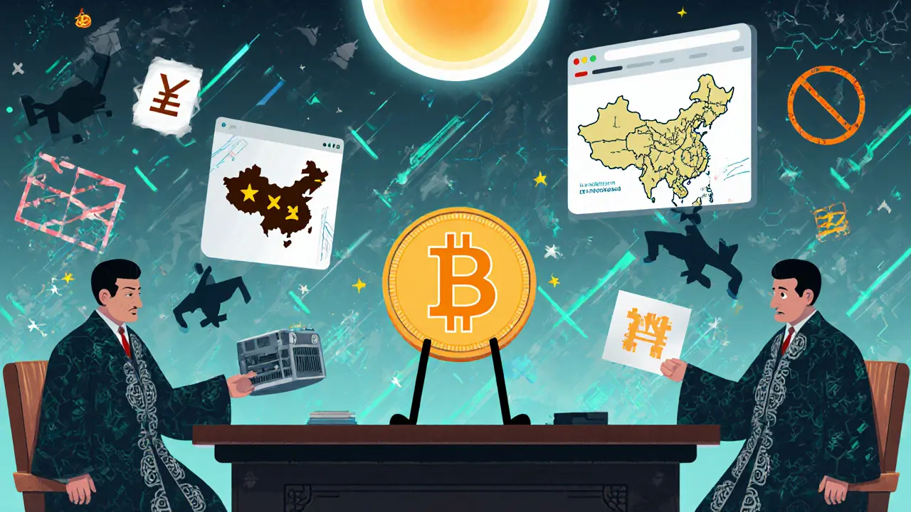 Procès d&#039;un Bitcoin cartoon dans un tribunal chinois, entouré de preuves illégales et du yuan numérique, style Memphis.