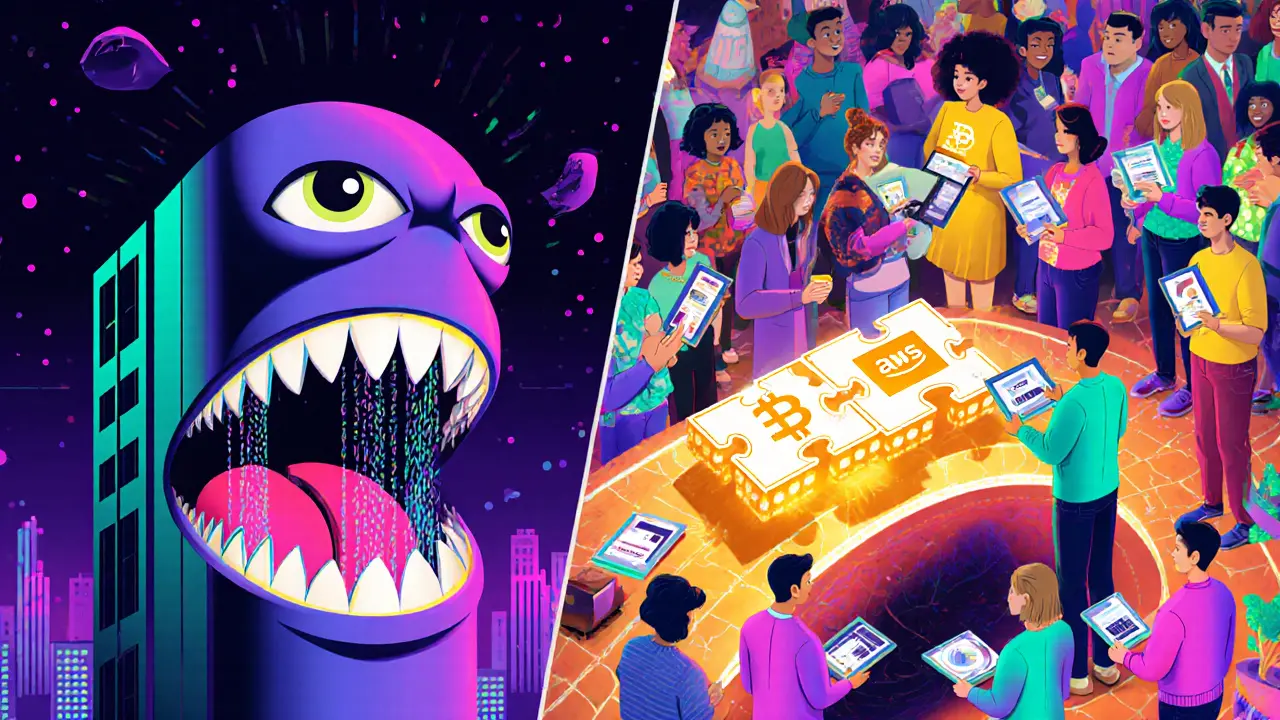 Scène comparant une entreprise centralisée qui absorbe les données à une foule d&#039;individus échangeant des modèles d&#039;IA sur une blockchain.