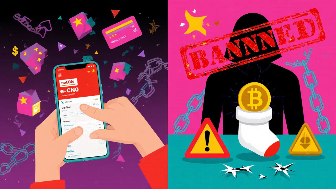 Scène divisée : citoyen utilisant le yuan numérique à gauche, personne cachant un Bitcoin à droite, style Memphis.