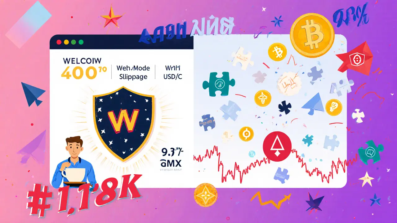 Scène divisée : swap sécurisé WETH/USDC à gauche, échecs pour d&#039;autres tokens à droite, en style Memphis.