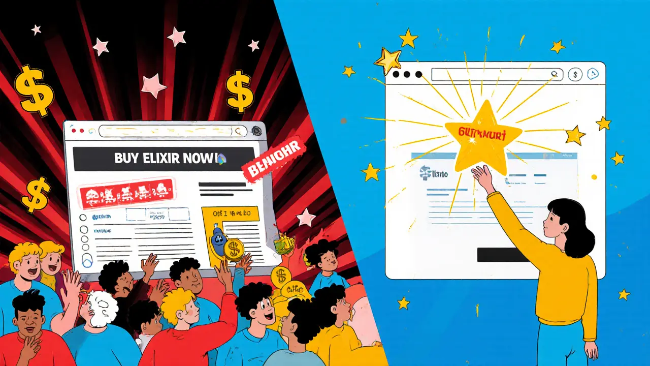 Scène divisée : utilisateur victime d&#039;une arnaque à gauche, et utilisateur légitime recevant ELIXIR à droite.