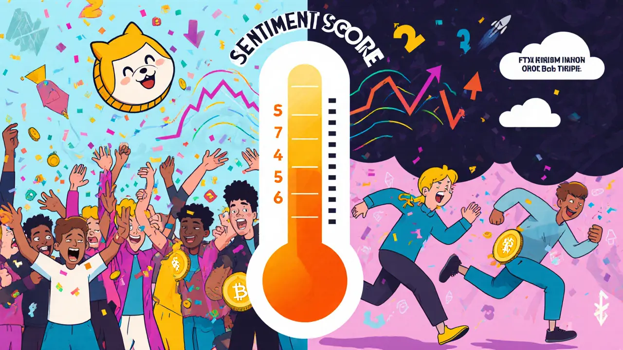 Scène en deux parties : foule euphorique à gauche, paniquée à droite, avec un thermomètre de sentiment qui monte et descend.