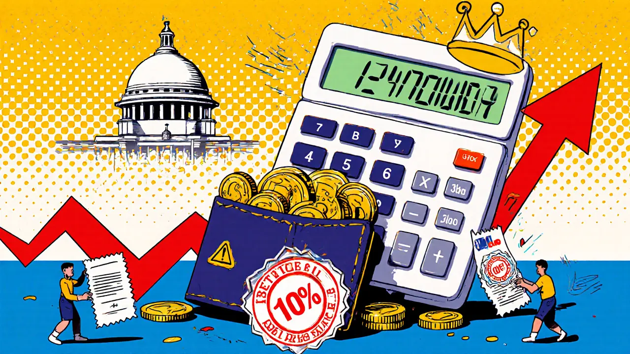 Schéma stylisé de la fiscalité indienne sur les crypto, avec une calculatrice écrasant un portefeuille.