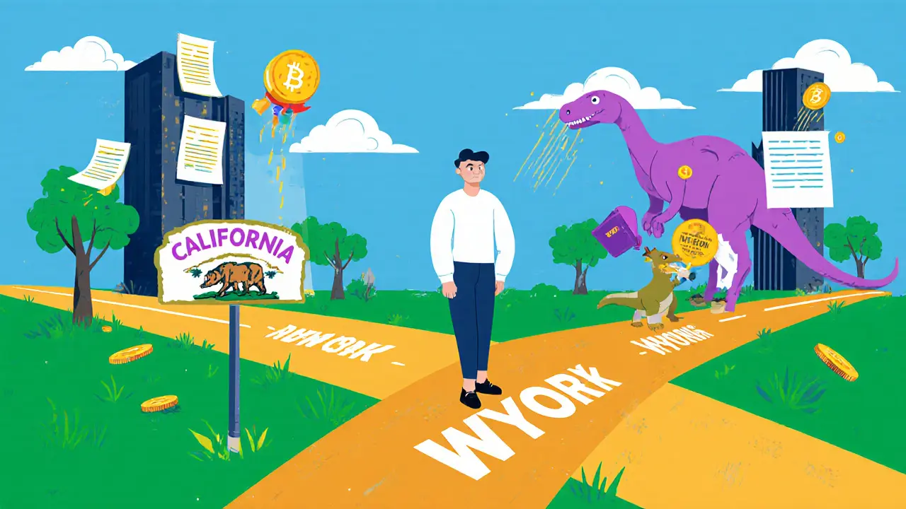 Start-up founder choosing between three state paths: New York blocked by laws, California with rockets, Wyoming with coins.