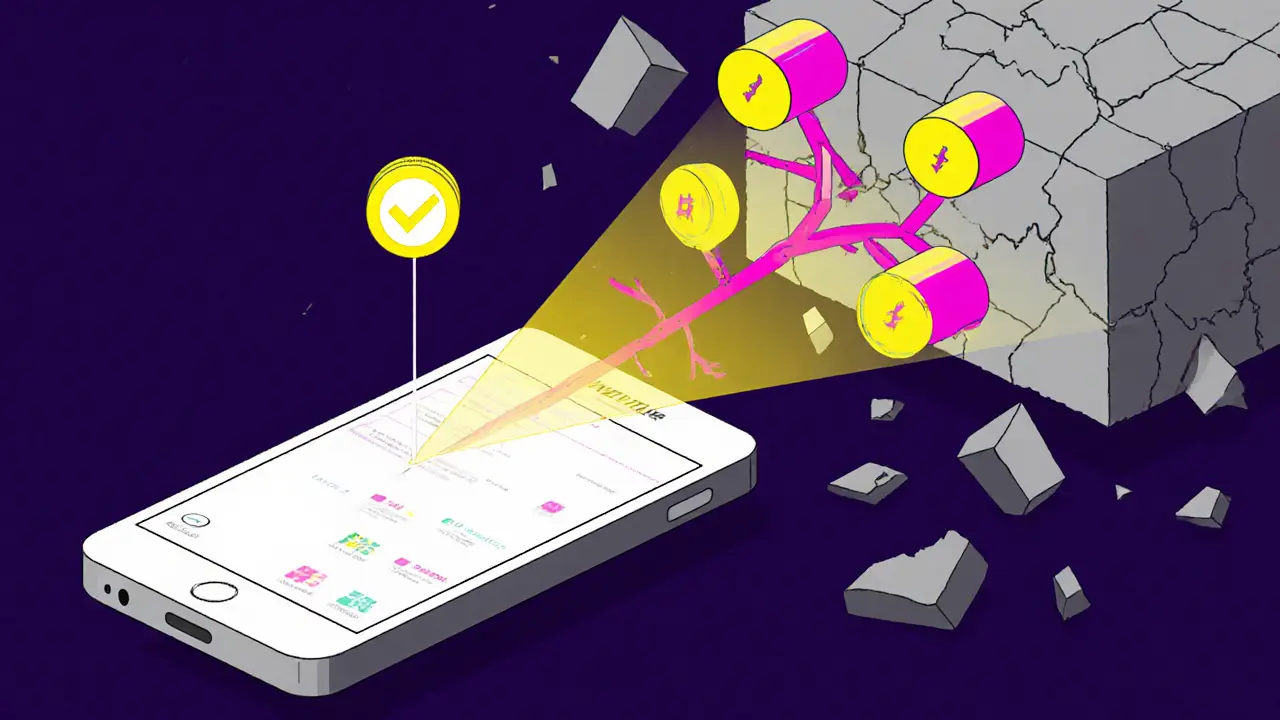 Téléphone portable connecté à un arbre de Merkle miniature, tandis qu&#039;un énorme bloc blockchain s&#039;effondre en arrière-plan.