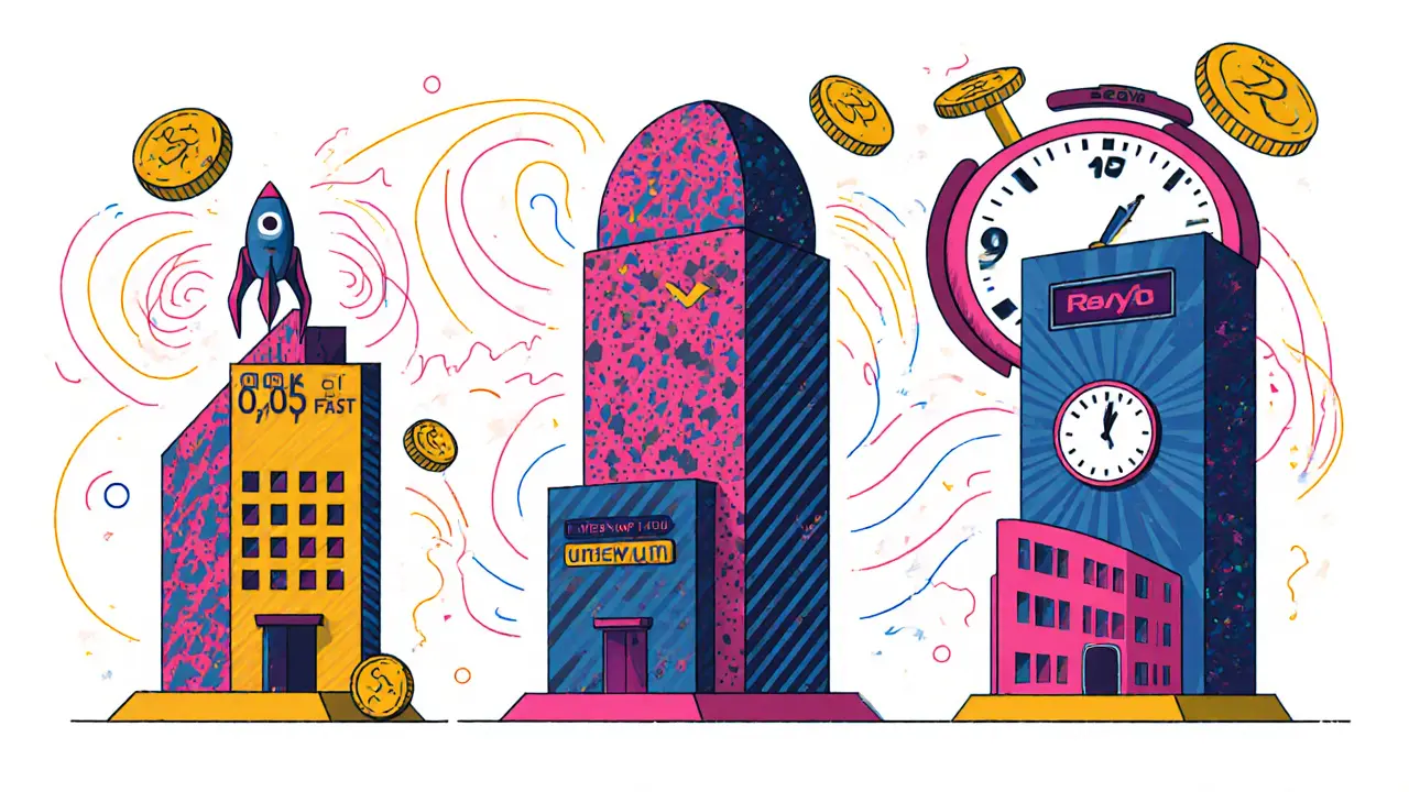 Trois échanges décentralisés stylisés en comparaison visuelle avec des symboles de vitesse et de frais.