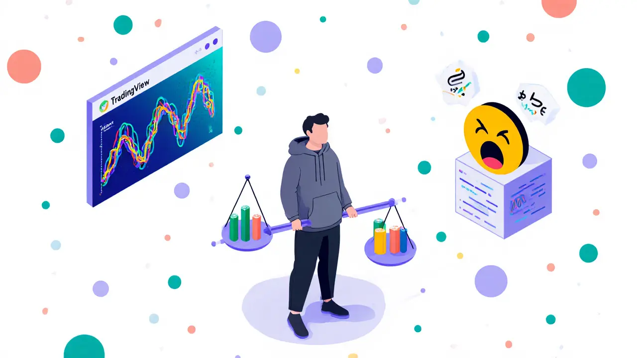 Trois outils de sentiment crypto flottant : TradingView, CryptoPanic et FinBERT, avec un trader tenant une balance.