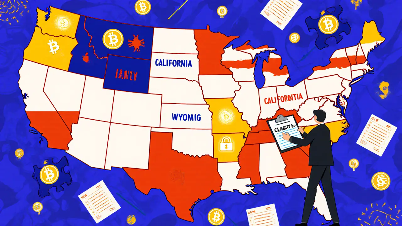 U.S. flag made of puzzle pieces: some crypto-friendly, others broken, with CLARITY Act figure trying to connect them.