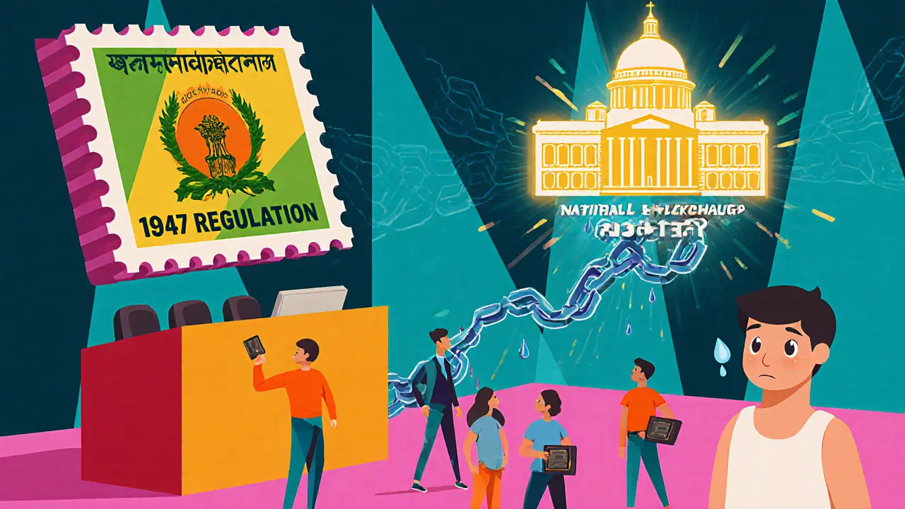 Un citoyen face à une vieille réglementation bancaire, tandis qu&#039;une chaîne blockchain relie le système financier à une stratégie nationale.