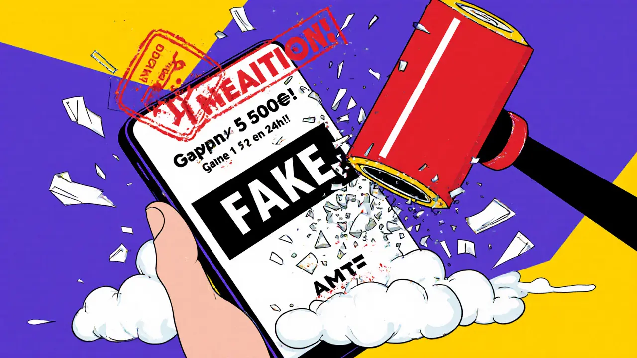 Un investisseur français face à une publicité d&#039;arnaque, écrasé par un avertissement de l&#039;AMF.