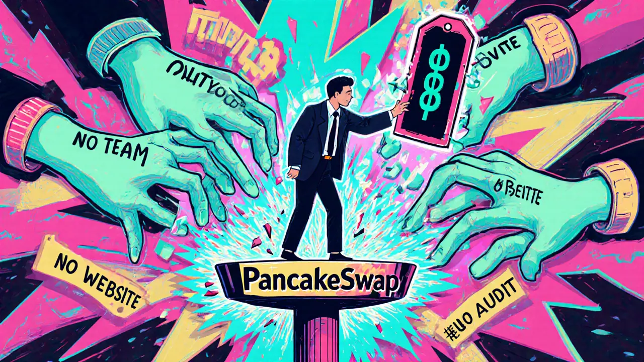 Un investisseur tente d&#039;attraper un prix instable sur PancakeSwap, entouré de menaces fantômes.