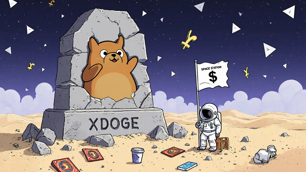 Un monument Doge en ruine avec un drapeau cassé, symbolisant un projet abandonné.