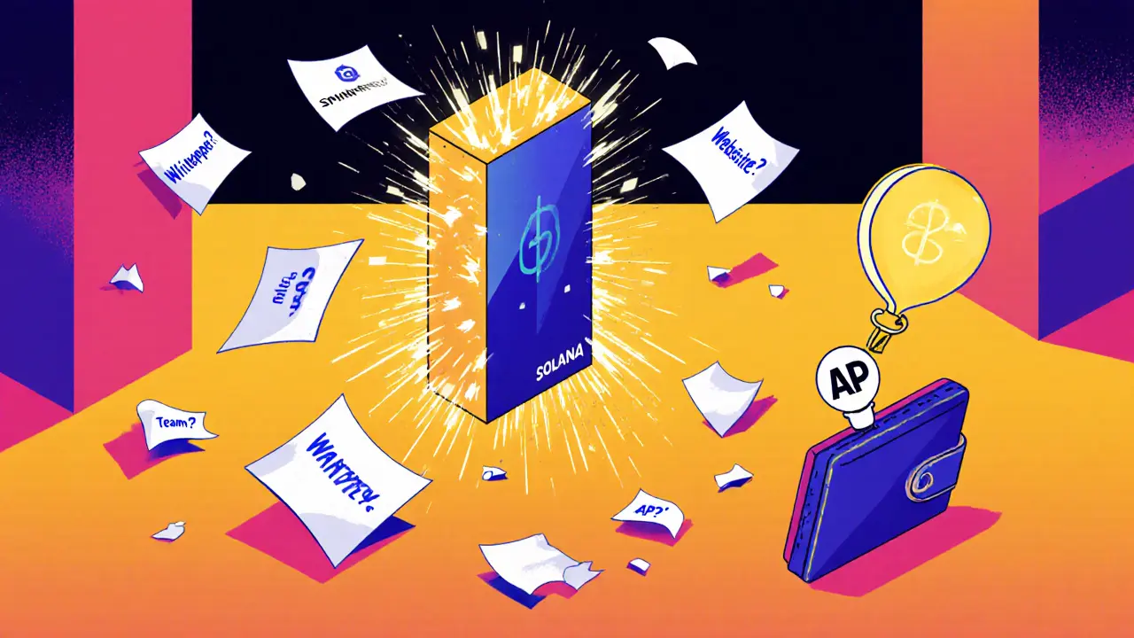 Un nœud Solana avec des papiers qui s&#039;envolent : &#039;Whitepaper ?&#039;, &#039;Équipe ?&#039;, &#039;Site web ?&#039; - tout disparaît.