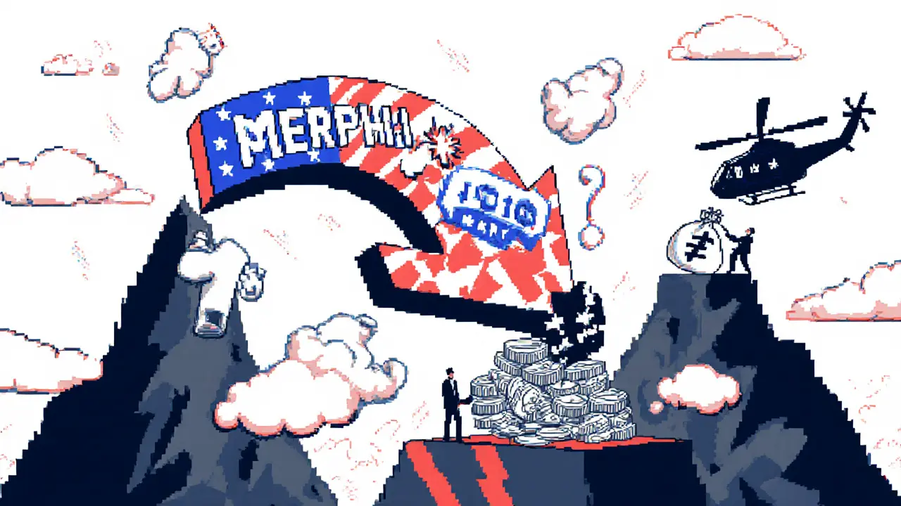 Un signal politique en ruine avec une flèche chutant de 0,0418$ à 0,0005$, des silhouettes vidant des jetons.