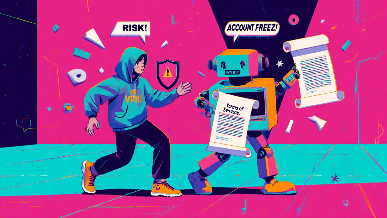 Un trader et un robot Bybit dansent ensemble, symbolisant la tension entre contournement et régulation, dans un style Memphis dynamique.