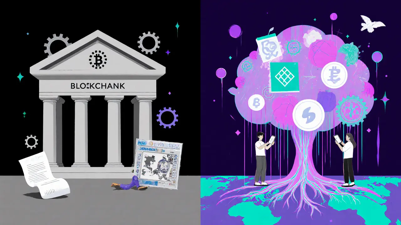 Une arbre blockchain avec des actifs tokenisés contre un bâtiment bancaire obsolète.