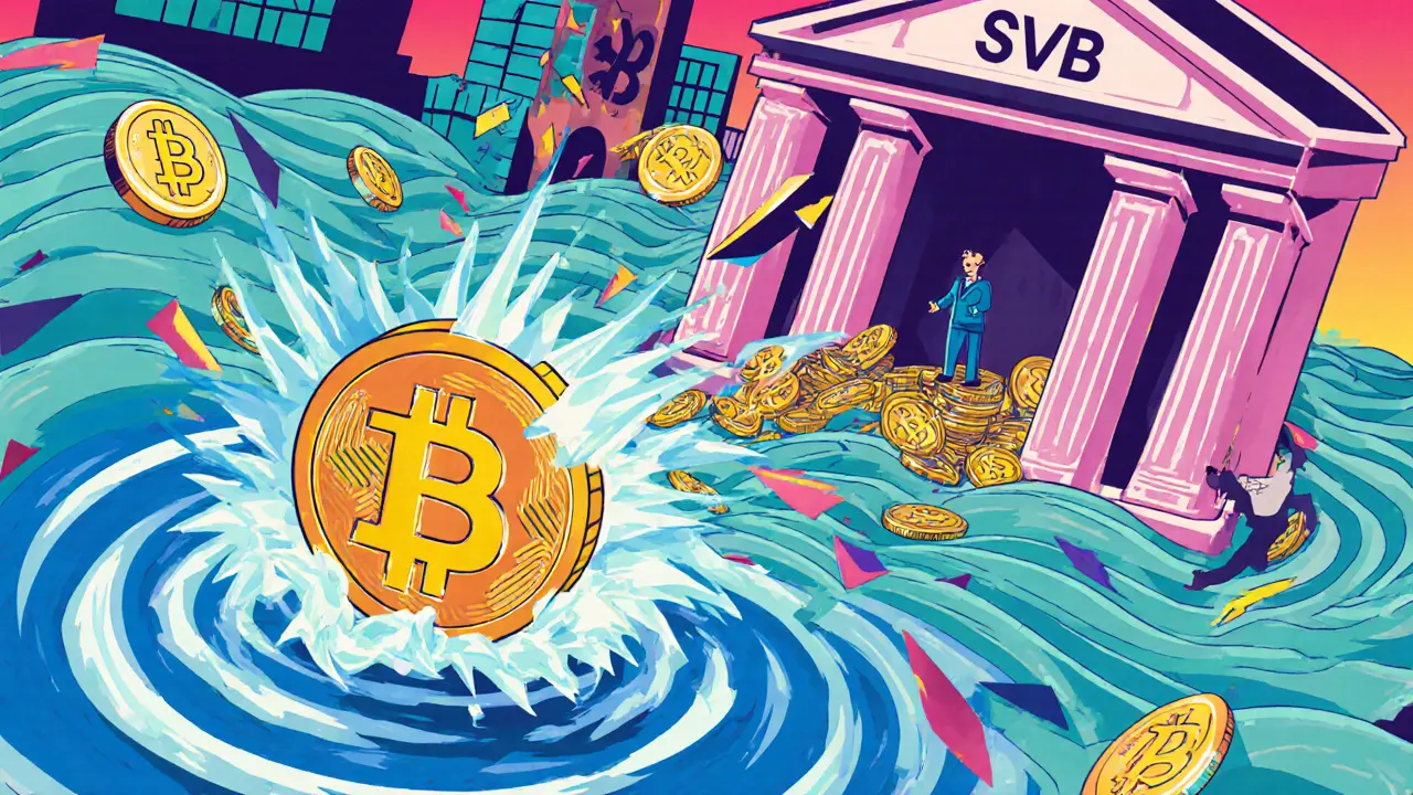 Une crise bancaire fait trembler les cryptos stables, tandis qu&#039;un trader achète calmement au milieu du chaos géométrique.