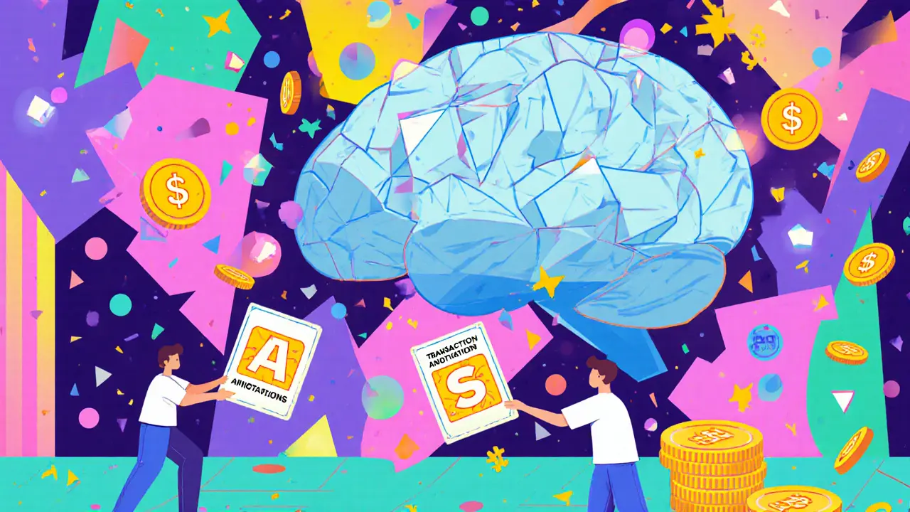 Une IA géante reçoit des données annotées dans un marché abstrait rempli de jetons et de formes colorées.