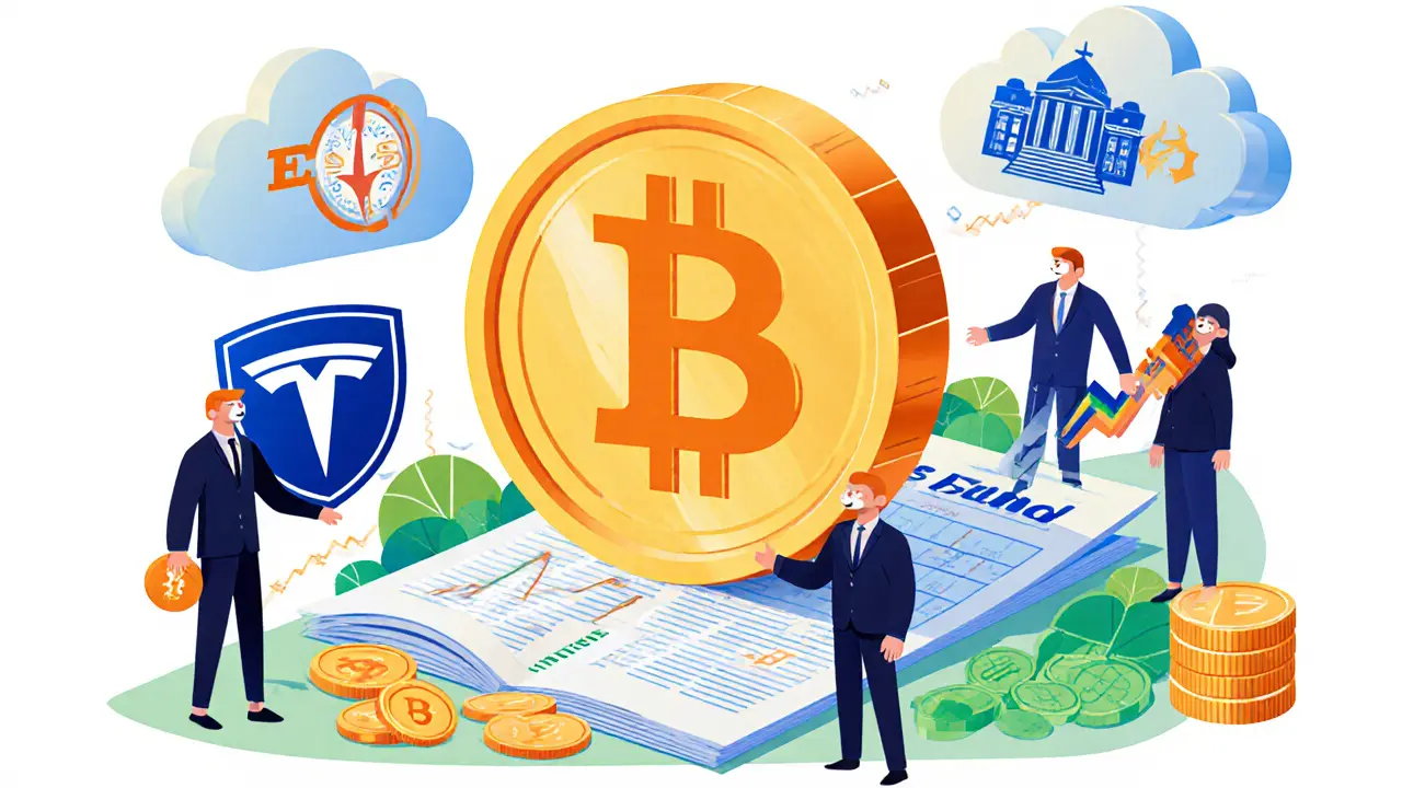 Une pièce Bitcoin dorée sur un bilan entourée d&#039;institutions financières stylisées.