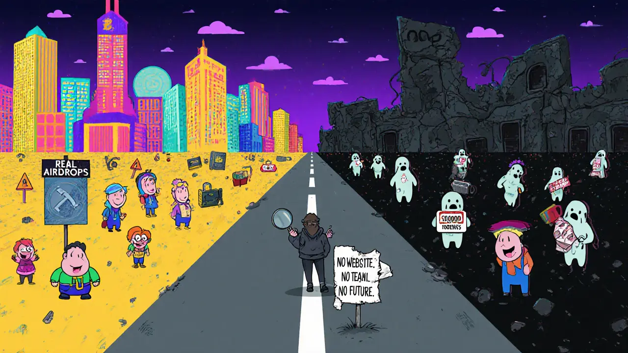 Une route bifurque vers une ville de vrais airdrops ou un labyrinthe d&#039;arnaque RVLVR en style Memphis.