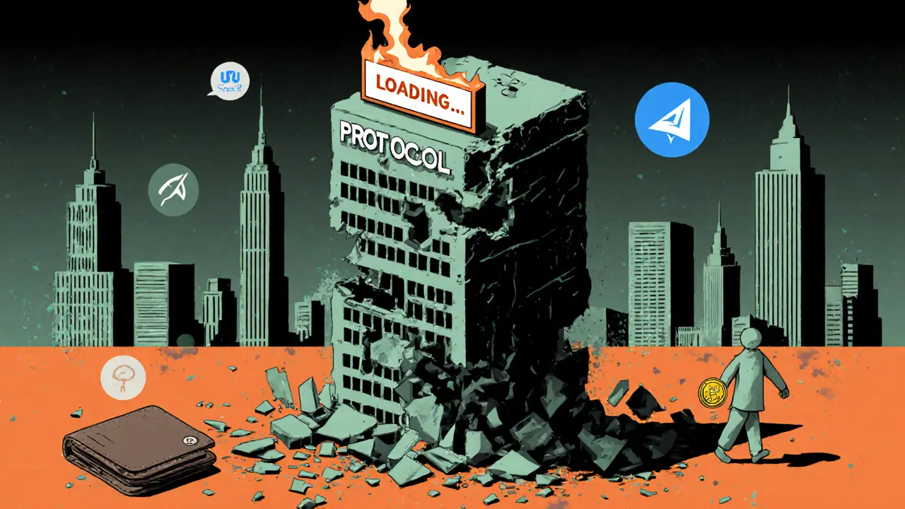 Une tour AIT en ruine avec un signe &#039;LOADING...&#039; et des utilisateurs partant, dans un style Memphis déformé.