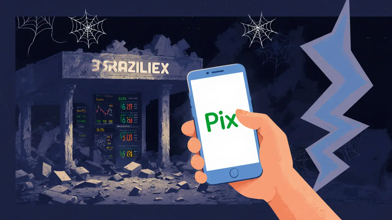 Utilisateur brésilien avec Pix, face à une plateforme crypto abandonnée en ruines.