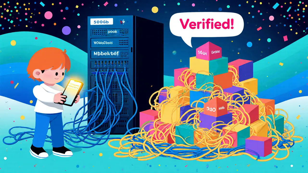 Utilisateur mobile victorieux avec une preuve de Merkle miniature face à un serveur géant submergé par des données.