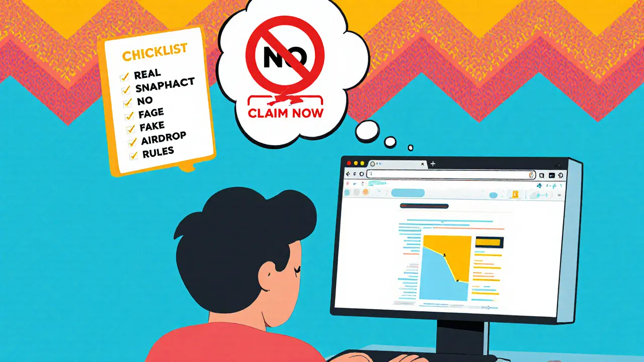 Utilisateur vérifiant un snapshot blockchain, une bulle de pensée écrase un bouton de piège, avec des règles de sécurité en style Memphis.