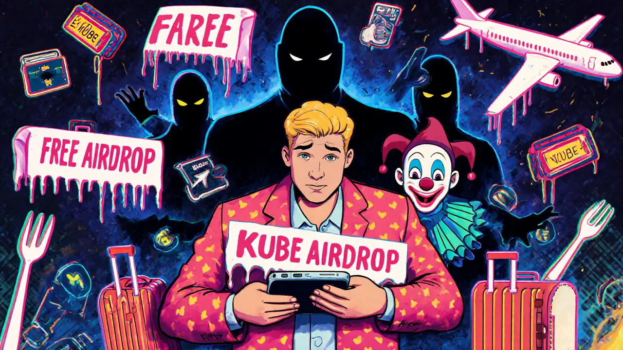 Voyageur trompé par des bannières d&#039;airdrop frauduleuses, entouré de figures mystérieuses en masques.