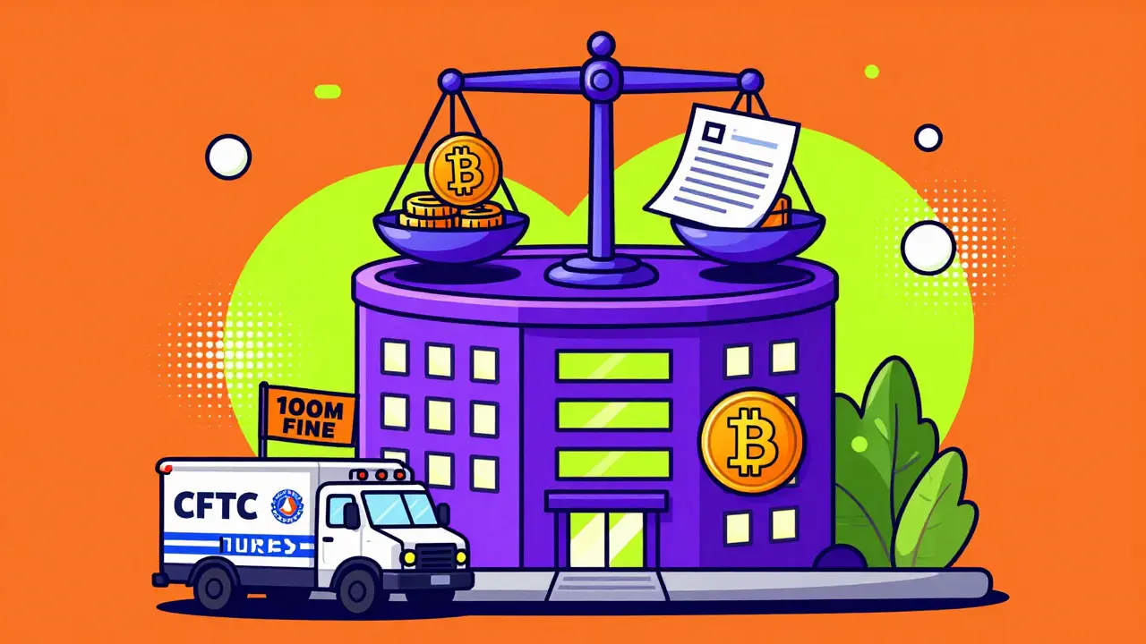 Bâtiment BitMEX en forme de portefeuille crypto avec badge de sécurité ISO et camion de la CFTC, illustré en motifs géométriques et couleurs vives.