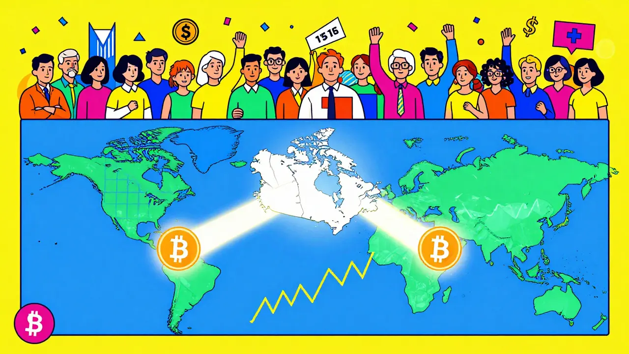 Carte mondiale où le Canada émet des faisceaux d'ETF Bitcoin vers le monde, entouré de foules joyeuses en style Memphis.