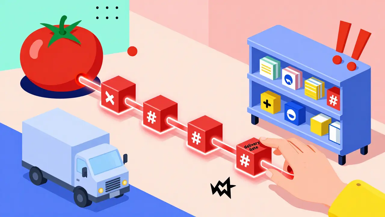 Chaîne d'approvisionnement stylisée avec un bloc de date modifié, déclenchant des alertes visuelles.