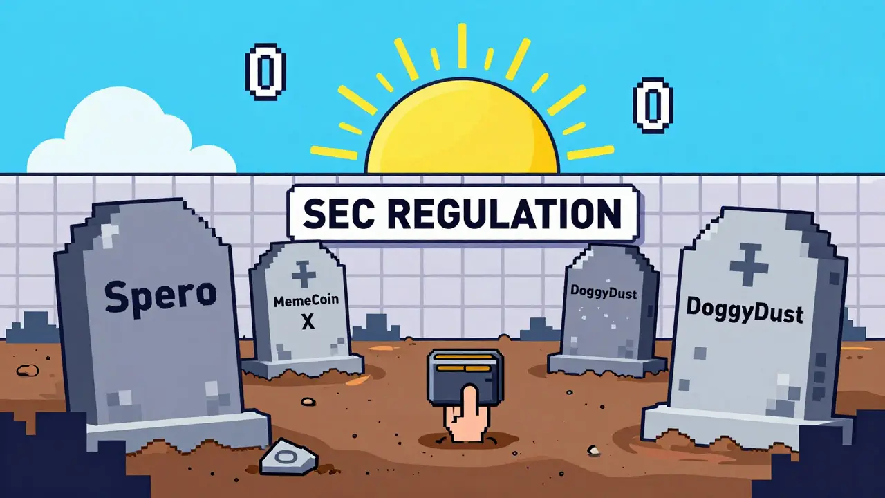 Cimetière de jetons crypto morts avec une main sortant d&#039;une tombe, sous un soleil derrière un mur &#039;SEC REGULATION&#039;.