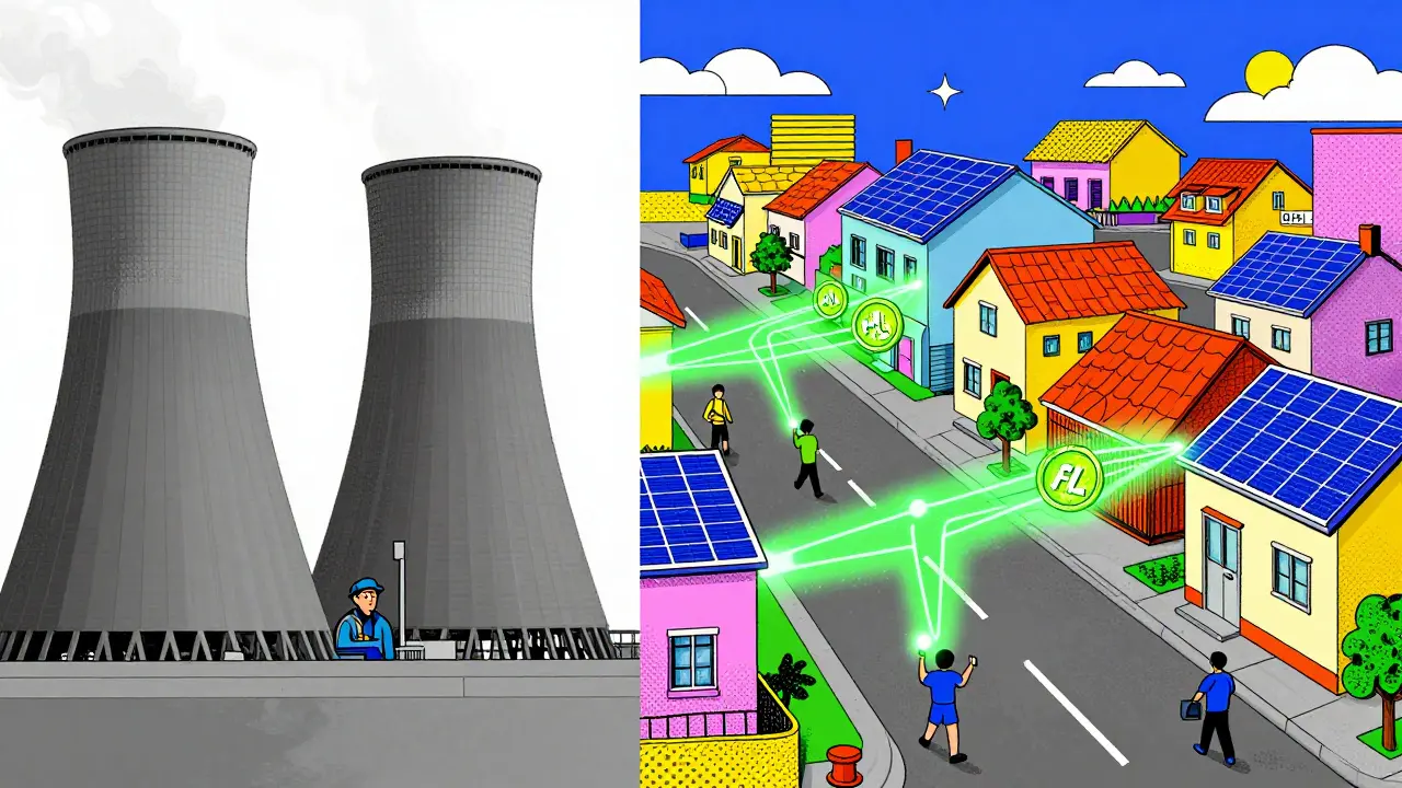 Comparaison entre centrale électrique traditionnelle et réseau décentralisé d'énergie solaire avec jetons crypto.
