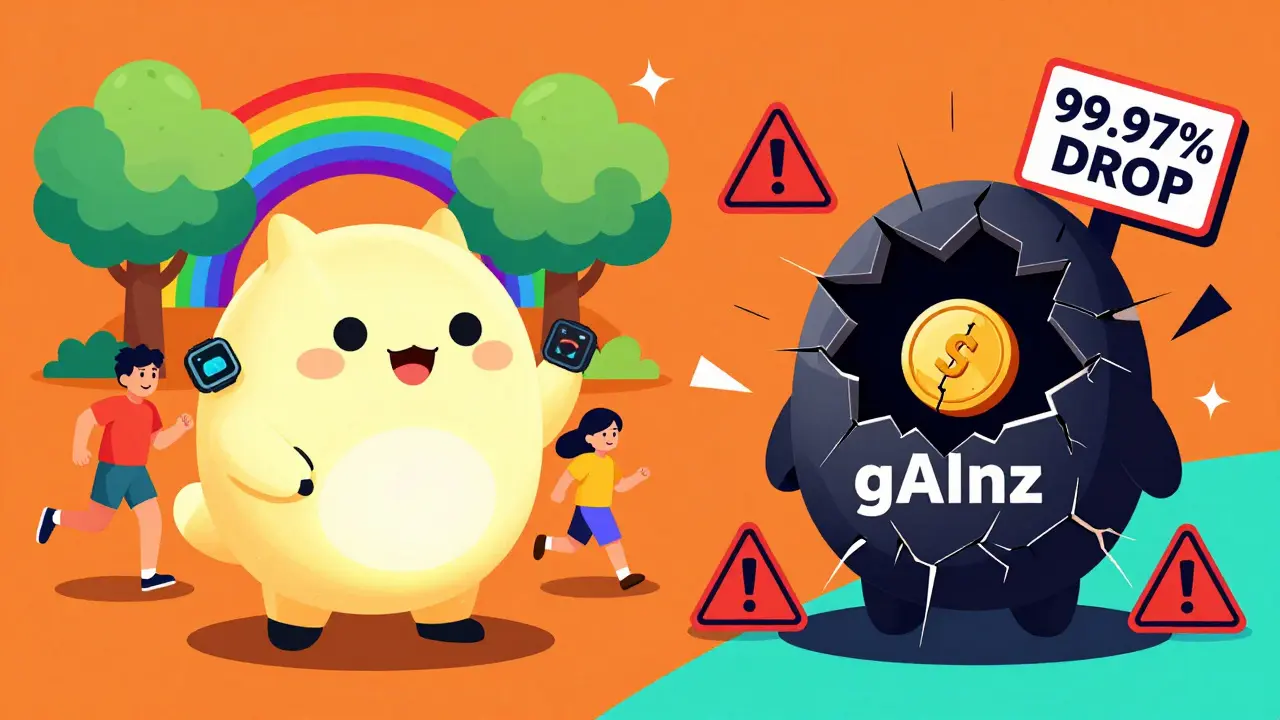 Contraste entre écosystèmes de santé blockchain réussis et un projet gAInz détruit.