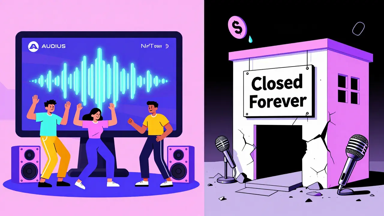 Contraste entre une plateforme musicale active et le projet Melody (SNS) abandonné, style illustration Memphis aux couleurs vives et contrastées.