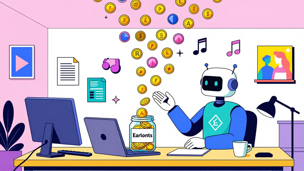 Créateur reçoit des micropaiements en pièces géométriques qui se transforment en euros dans un bocal.