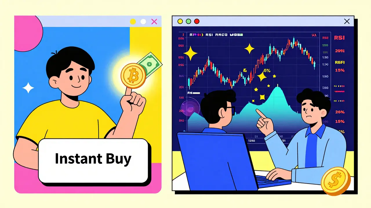 Débutant achetant des crypto-monnaies et trader expérimenté entouré de graphiques et de récompenses de staking en style Memphis.