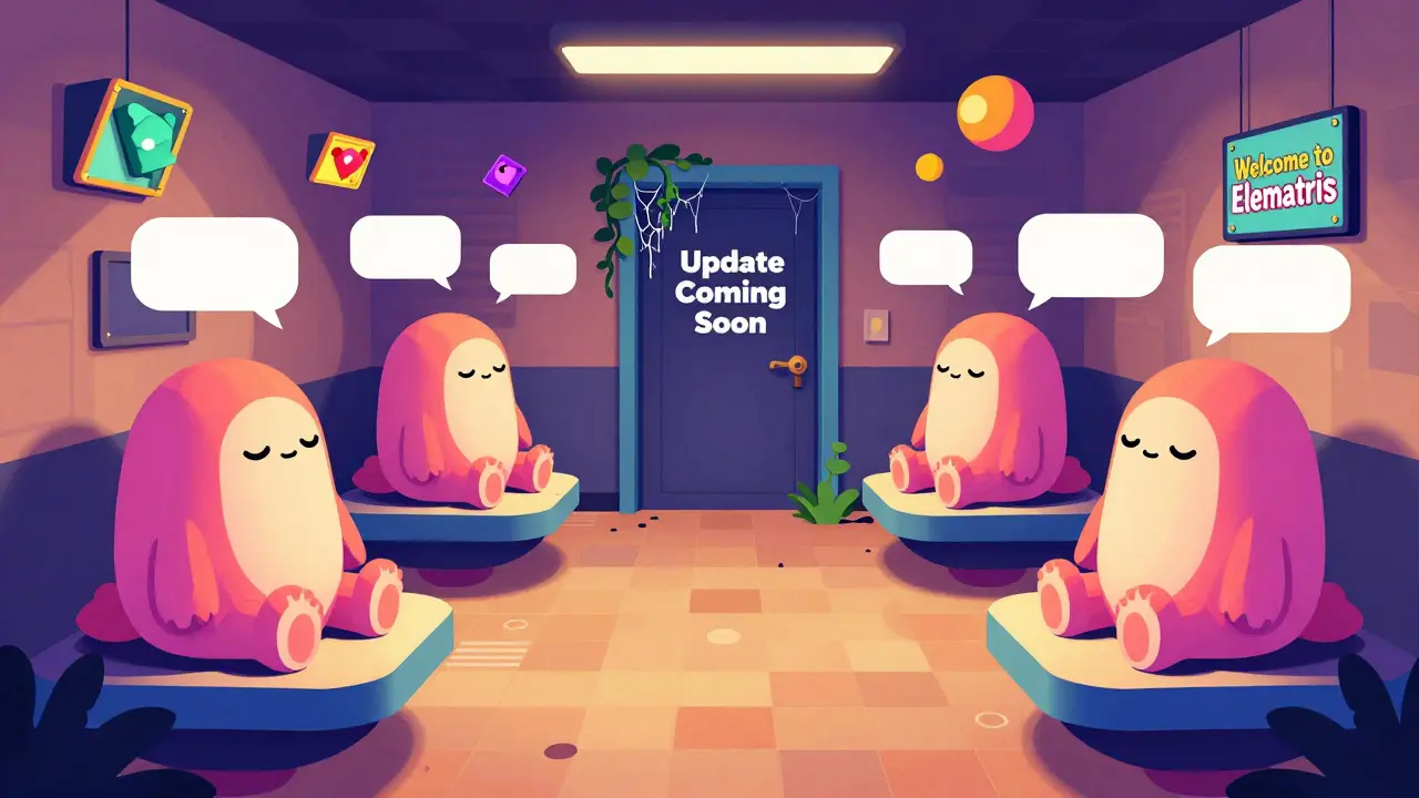 Des monstres Elemon endormis dans un jeu déserté, sous un panneau 'Mise à jour bientôt'.