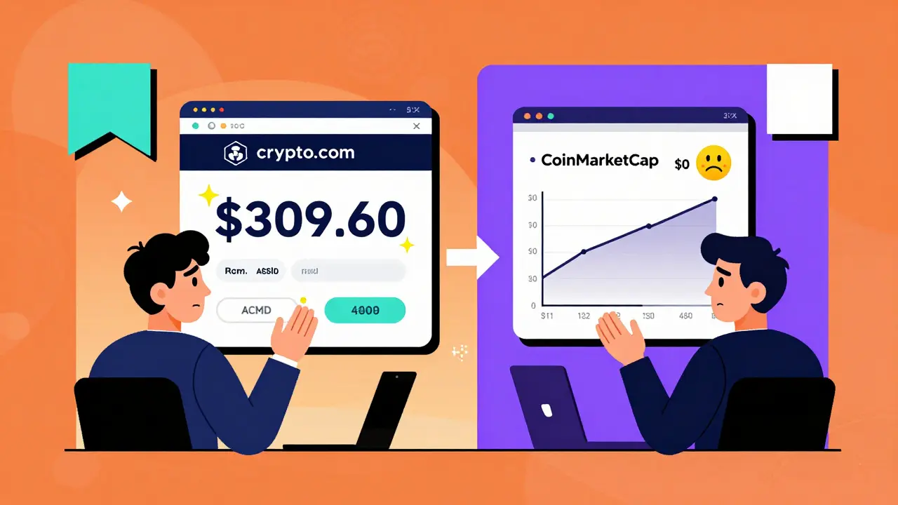 Deux écrans opposés : l'un affiche ACMD à 309 $, l'autre à 0 $, avec des flèches géométriques contrastées.