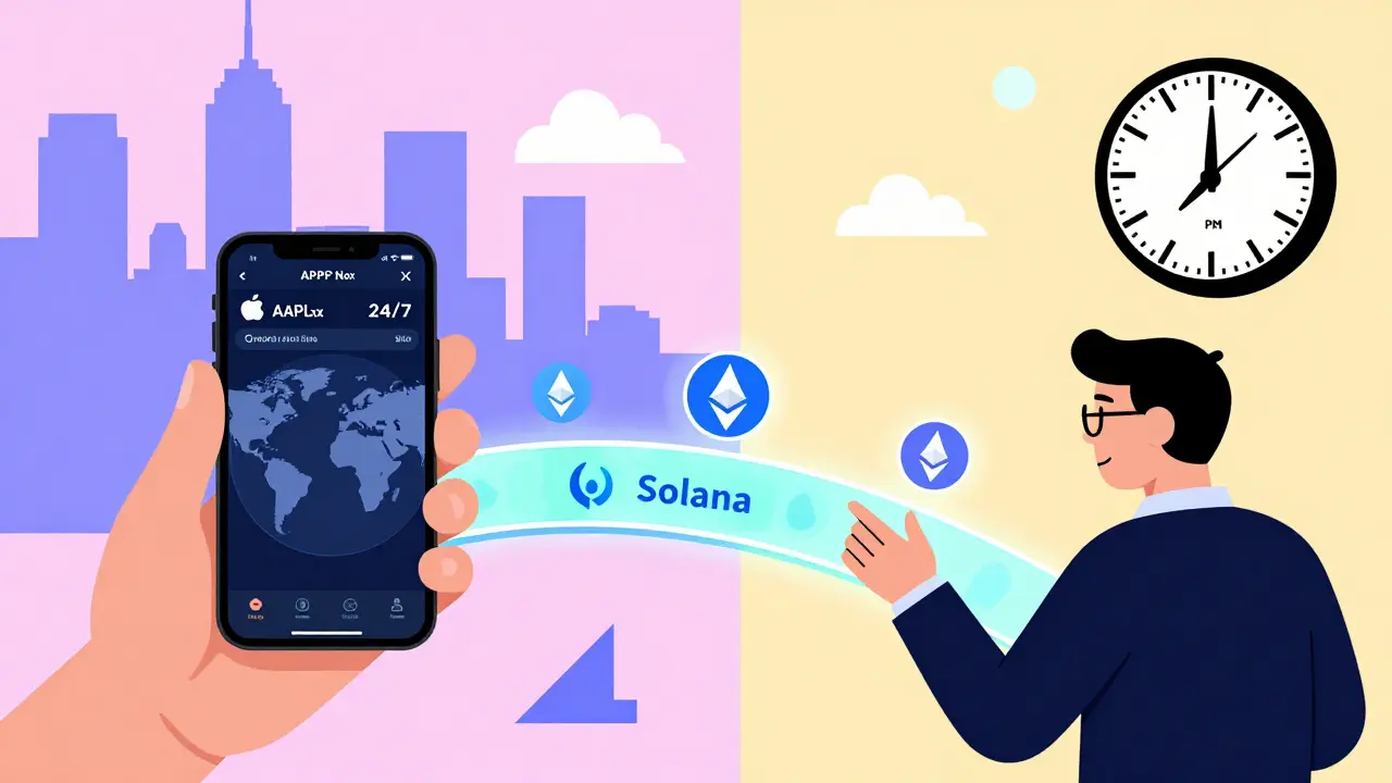 Deux scènes contrastées : un trader 24/7 et un trader traditionnel connectés par un pont numérique.