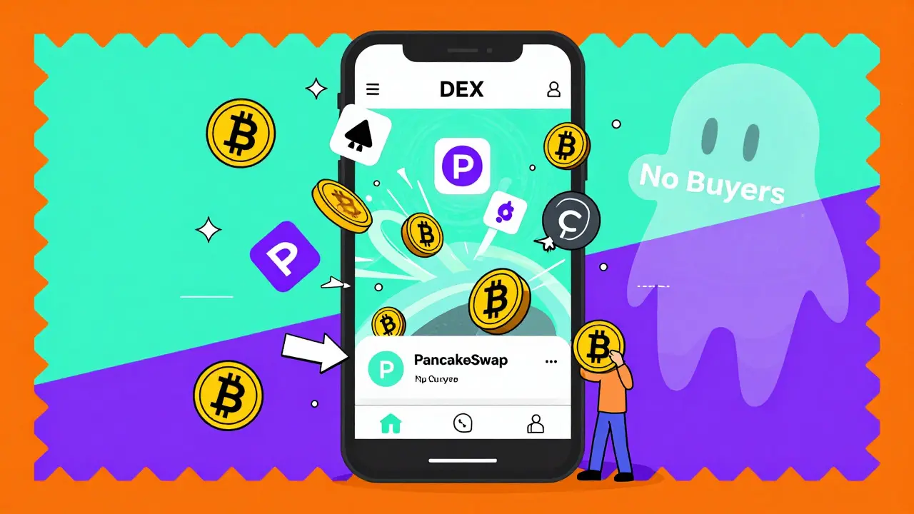 Interface DEX glitchée avec des tokens SNS flottant sans acheteurs, style cartoon Memphis aux formes géométriques audacieuses.