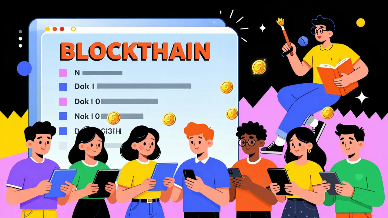 Lecteurs payant des petits montants qui deviennent des jetons vers un créateur avec des œuvres numériques.