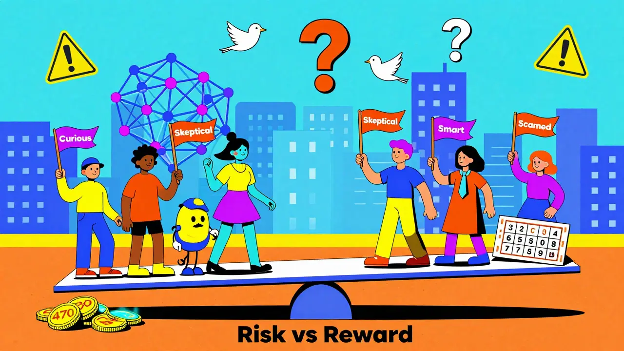 Personnages sur une balançoire entre risque et récompense, avec des jetons CONV et un ticket de loterie.