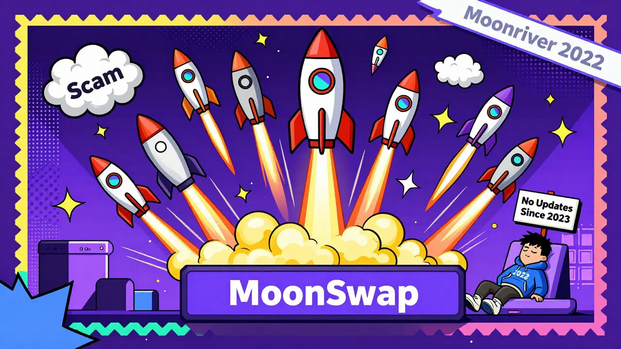 Plateforme de lancement avec des fusées de jetons qui explosent, un développeur endormi en arrière-plan.